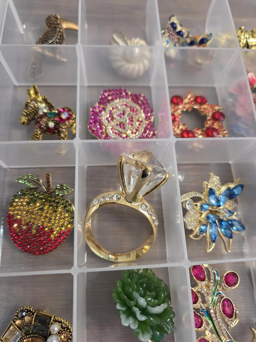 35 Assorted Floral and Gemstone Enamel Brooch — Black, Blue, Green Accents